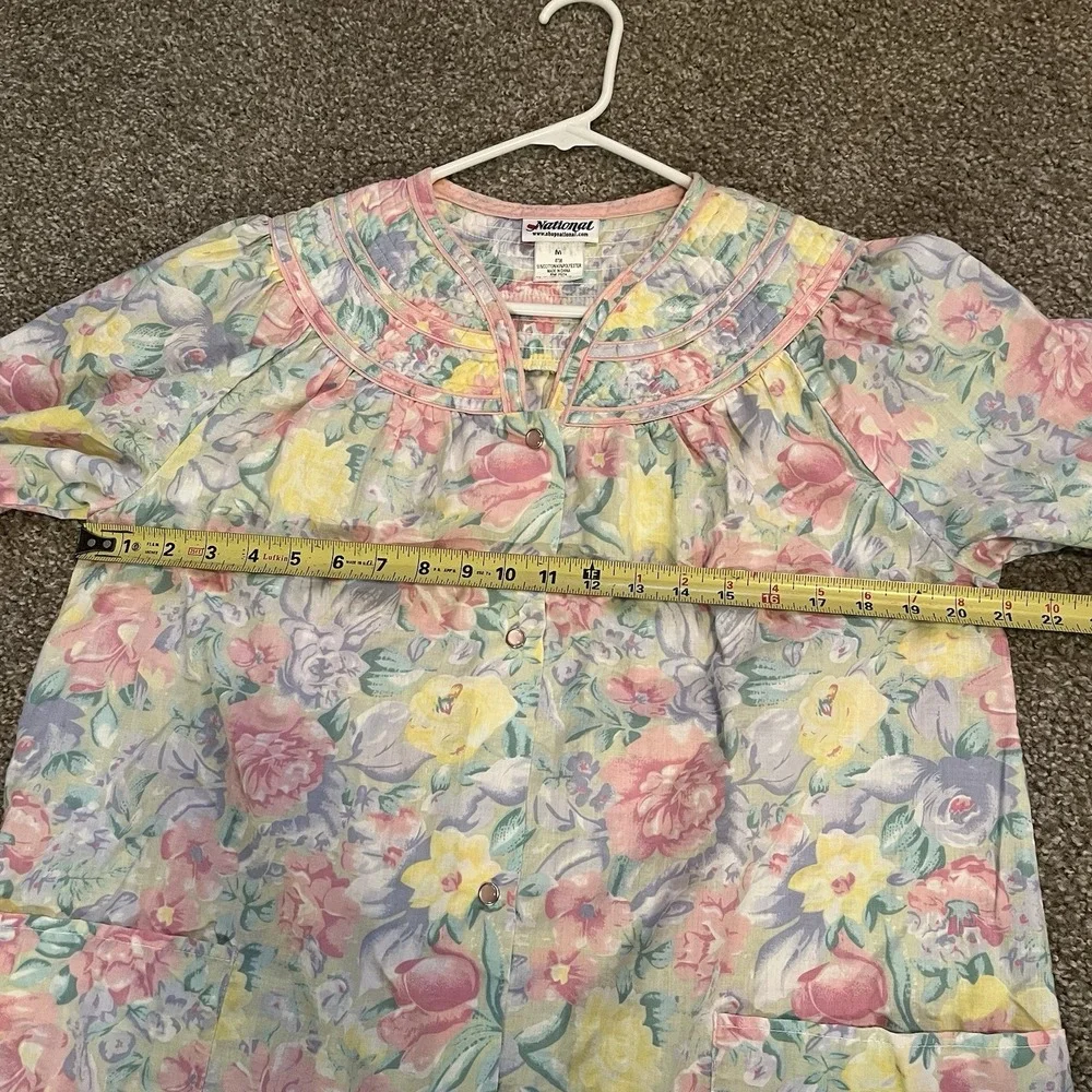 VTG National Housecoat M Pastel  Floral Robe‎ Pockets Grannycore Trad Wife